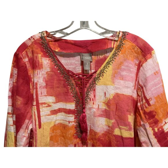 Chico’s Crossroads Lace Up Tunic 3 L-XL  Colorblocked Salsa Beaded Neckline Boho - Picture 2 of 10